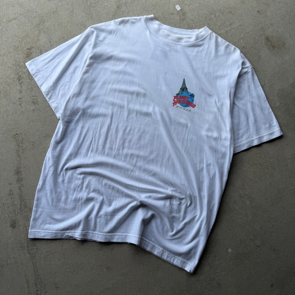 90s Mens Planet Hollywood Paris Eiffel Tower Graphic T-Shirt White XL
